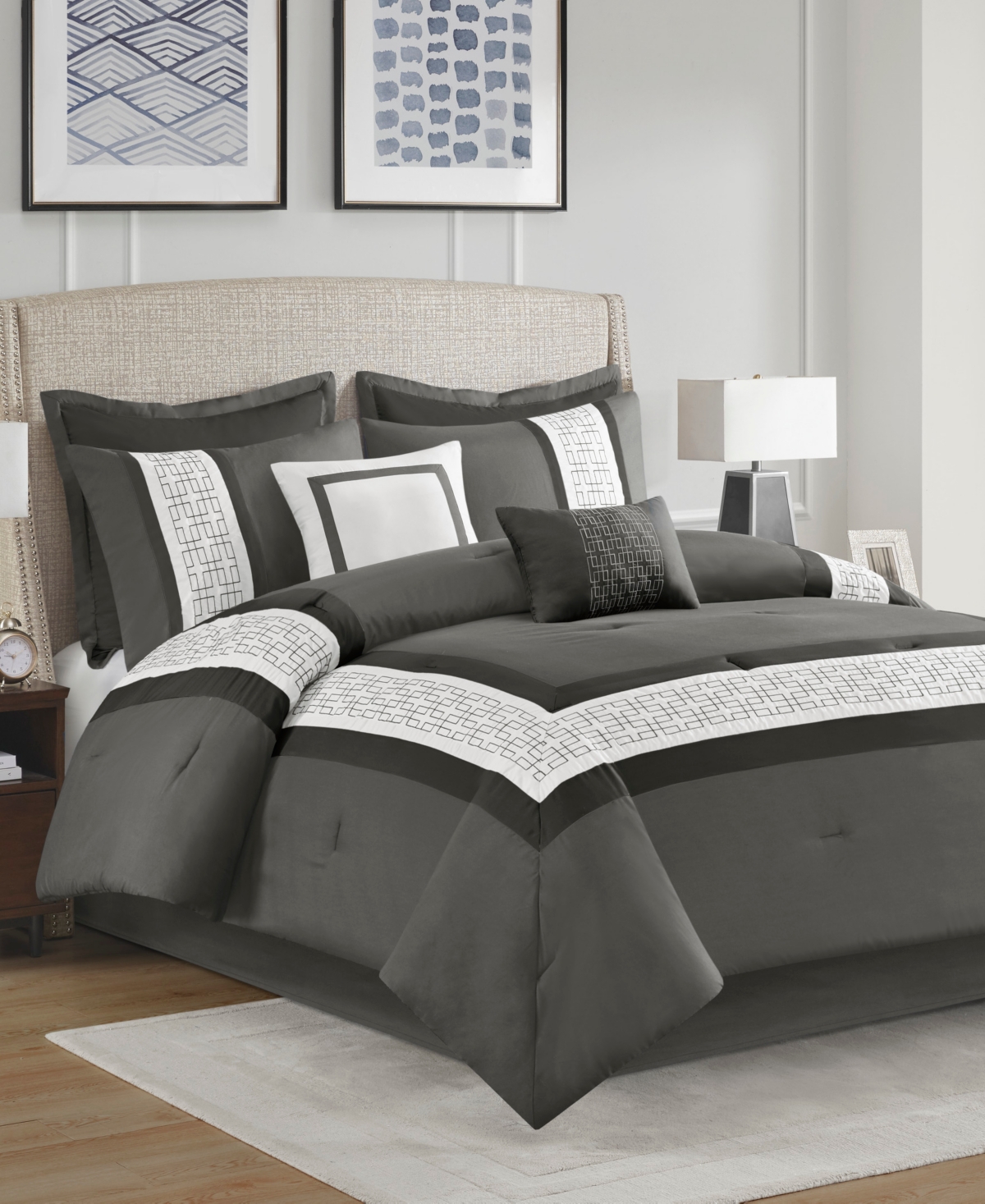 510 Design Powell Embroidered 8 Piece Comforter Set, California King In Dark Grey