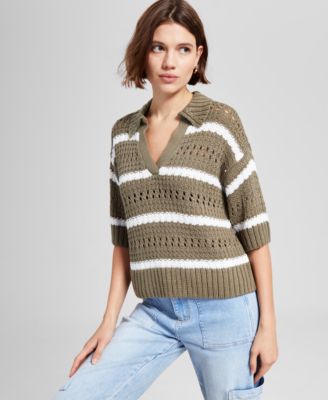And Now This - Women's Striped Open-Stitch Polo Sweater