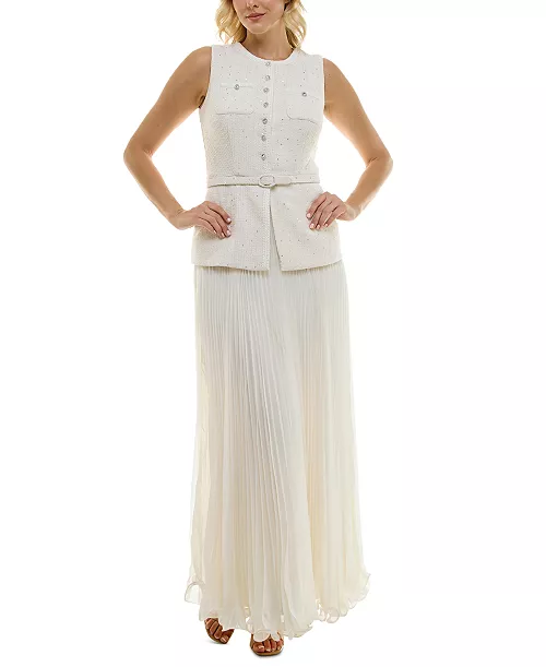women's embellshed mixed-media pleated gown