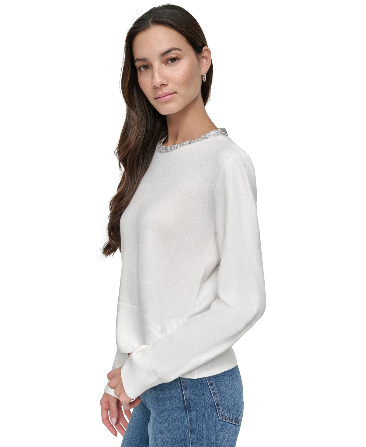 Shop Dkny Jeans Petite Embellished Trim Sweater Top In Ivory