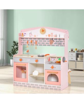 Double-Sided Kids Play Kitchen Set with Canopy and 2 Seats