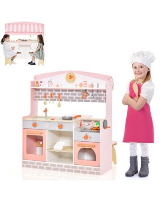 Double-Sided Kids Play Kitchen Set with Canopy and 2 Seats