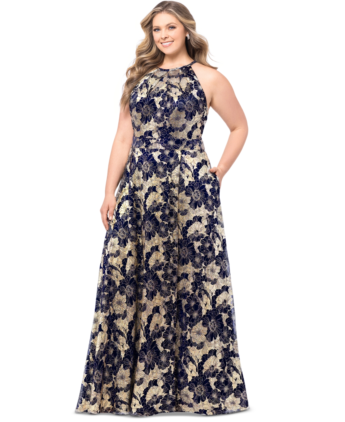 BETSY & ADAM PLUS SIZE FLORAL FOIL PRINT HALTER-NECK GOWN 