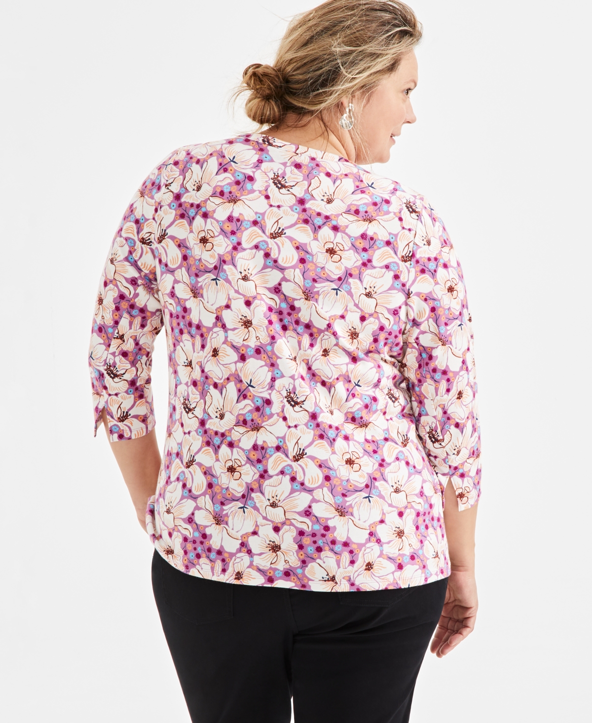 Style & Co Plus Size Printed Cotton 3/4-Sleeve Top, Exclusively at Macy's