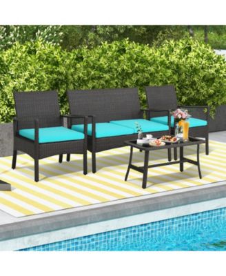 4 Pieces Rattan Conversation Set with Tempered Glass Coffee Table
