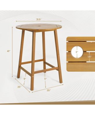 Bar Height Table with Umbrella Hole and Slatted Tabletop for Outdoors