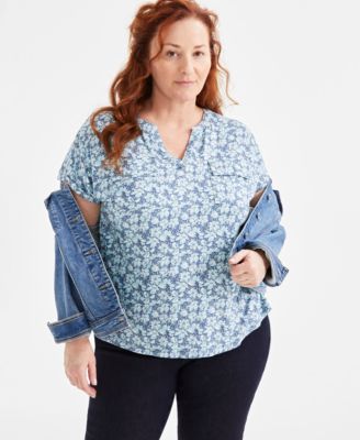 Style & Co - Plus Size Printed Y-Neck Dolman-Sleeve Knit Top