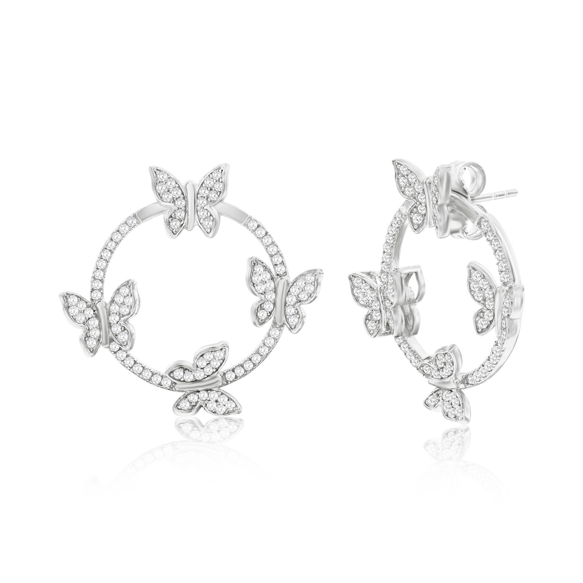 Suzy Levian Sterling Silver Pave Cubic Zirconia Butterfly Stud Earrings With Hoop Jacket - White
