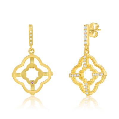 Sterling Silver Cubic Zirconia Trellis Filigree Clover Drop Earrings