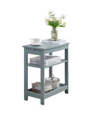 Slim Wood Side End Table with Storage Shelves & Pull-Out Tray, Nightstand for Bedroom, Living Room