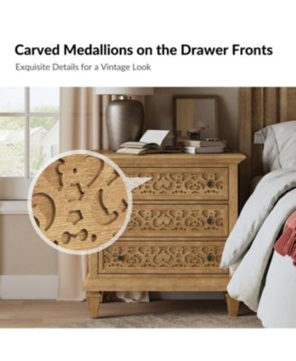 Talona 29'' W Transitional Carved 3 - Drawer End Table with Built-In Outlets and Solid Wood Legs