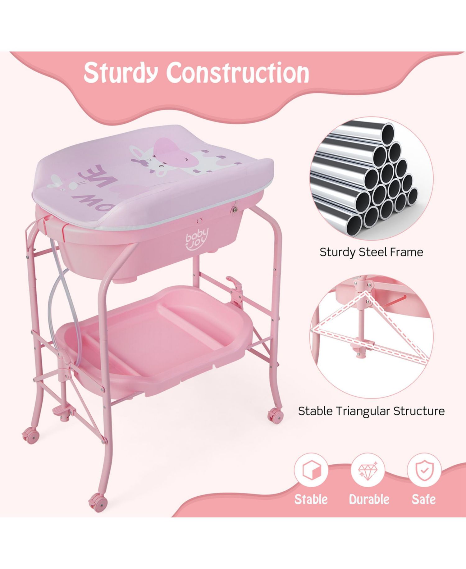 Baby Changing Table with Bathtub, Folding Diaper Station with Wheels