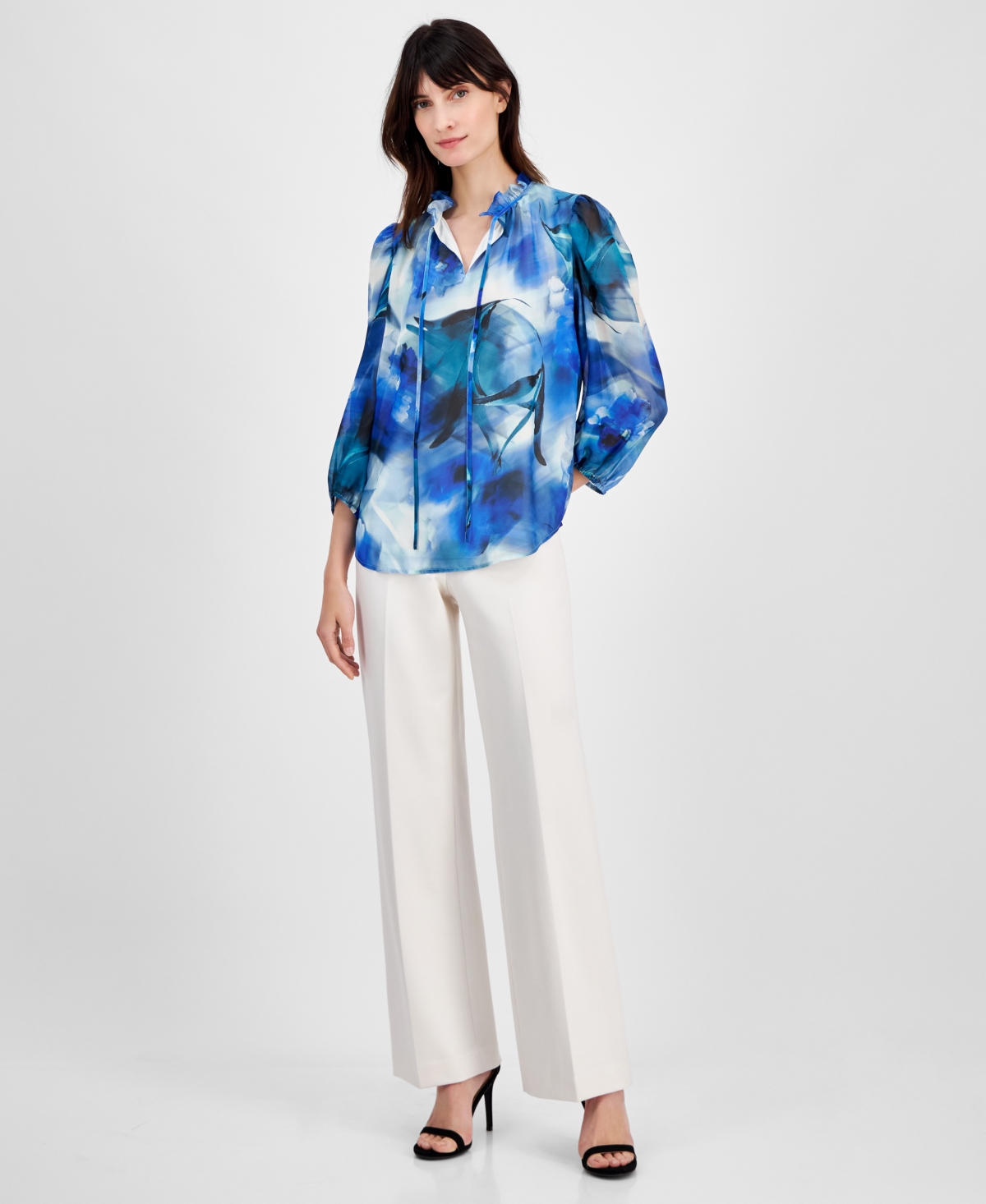 Anne Klein Petite Tulla Watercolor-Print 3/4-Sleeve Top