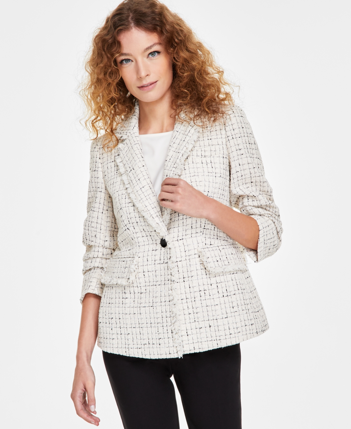 ANNE KLEIN WOMEN'S TWEED FRINGE SCRUNCH-SLEEVE BLAZER 
