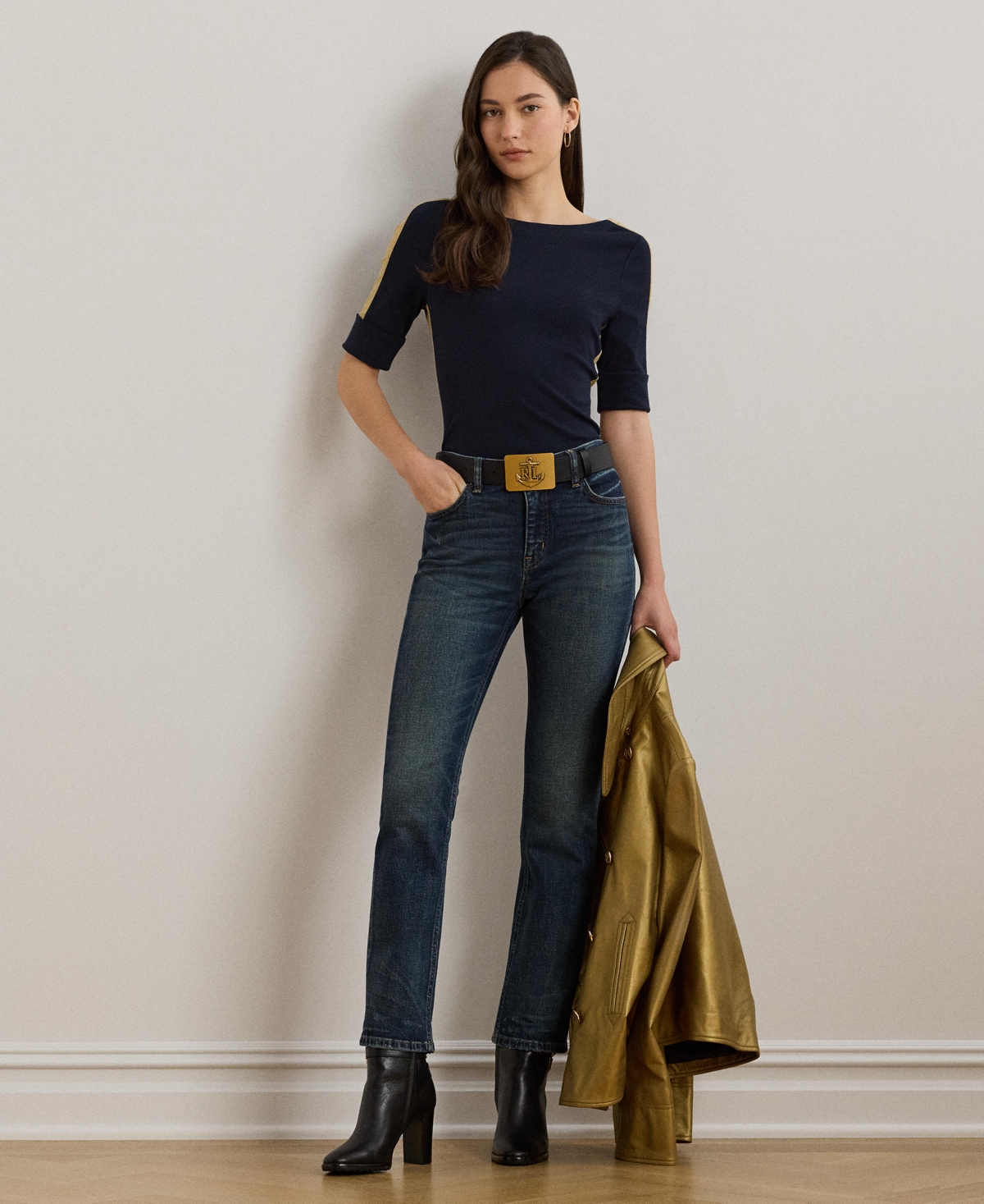Lauren Ralph Lauren Women's Two-Tone Stretch Cotton Elbow-Sleeve Tee, Regular & Petite -relic Gold