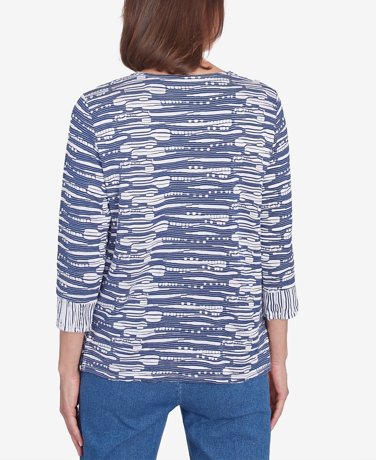 ALFRED DUNNER PETITE SPLIT NECK SPLICED TEXTURE TOP 