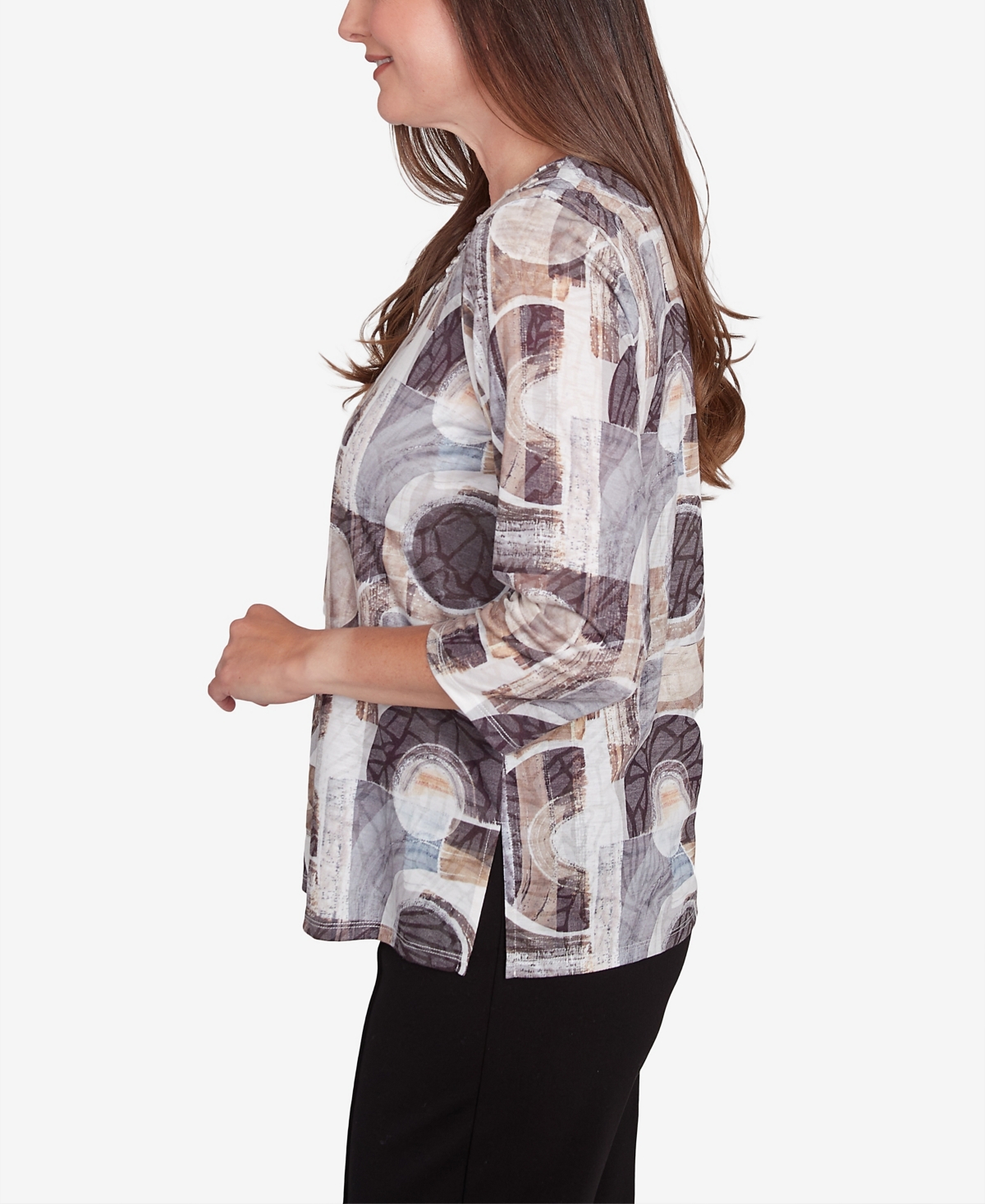 Alfred Dunner Petite Geometric Patch Print Top In Neutral Multi
