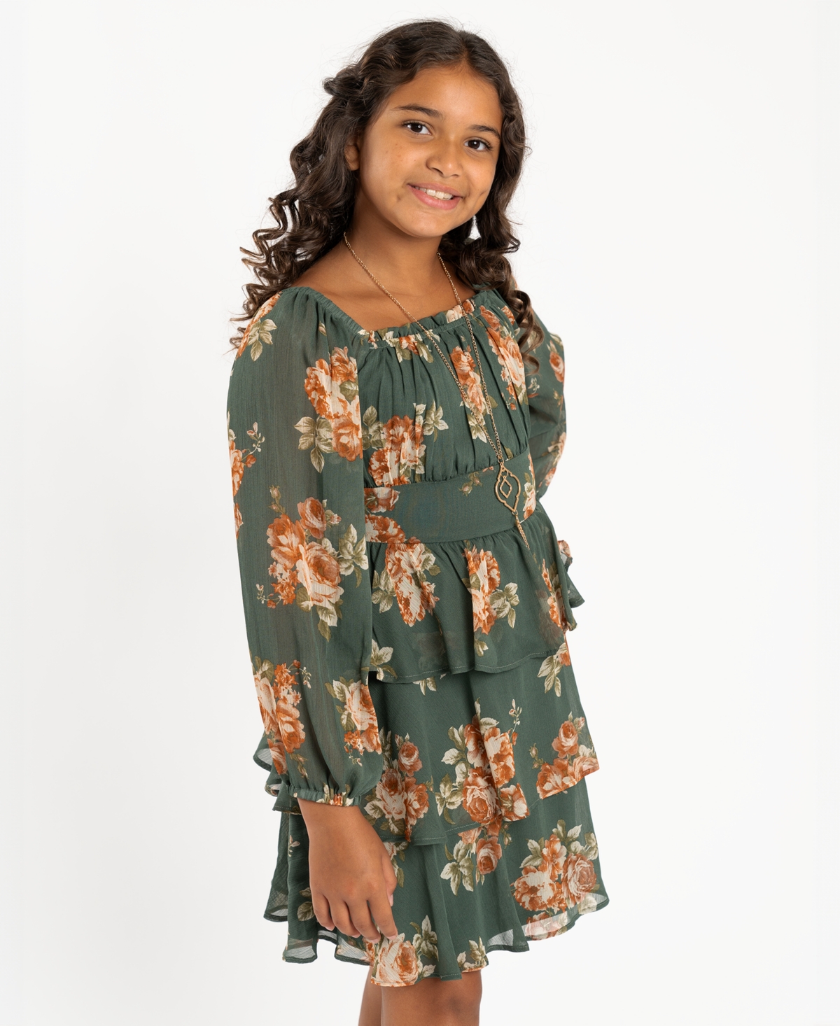 Rare Editions Big Girls Tiered Chiffon Dress with Hair Tie and Necklace, 3-Pieces