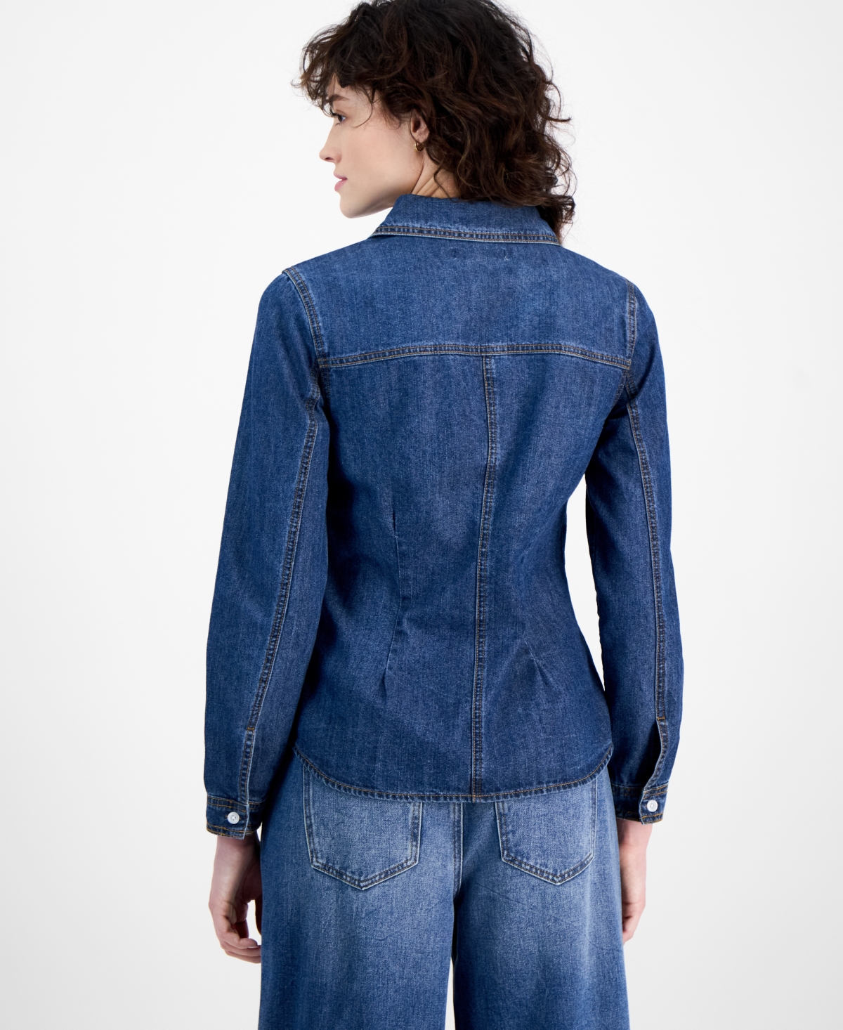 AND NOW THIS WOMEN'S DENIM PLEAT FRONTLONG-SLEEVE SHIRT 