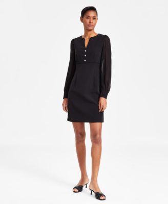black long sleeve shift dress Long Sleeve Pleated Shift Dress main image 1