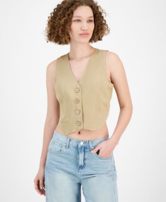 And Now This - Women's V-Neck Button-Font Cropped Vest