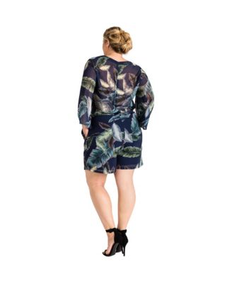Plus Size Tropical Leaf Bell Sleeve Lace-Up Romper