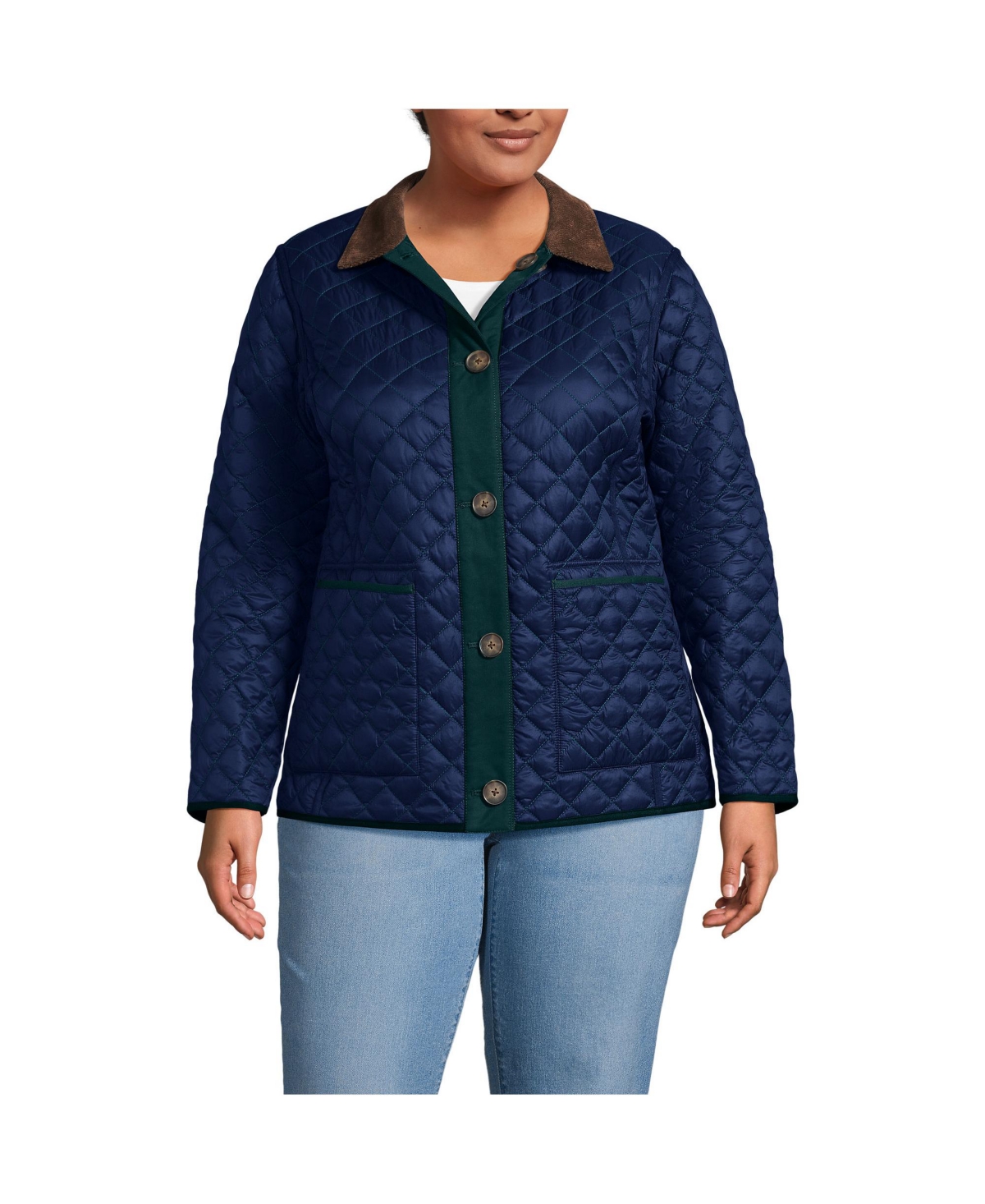 Plus Size Reversible Barn Quilted Insulated Jacket - Dark green forest/navy