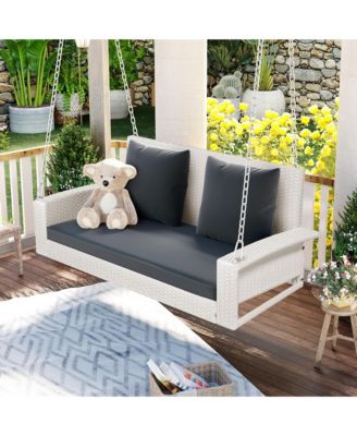 2-Person Wicker Hanging Porch Swing with Chains, Cushion, and Pillows