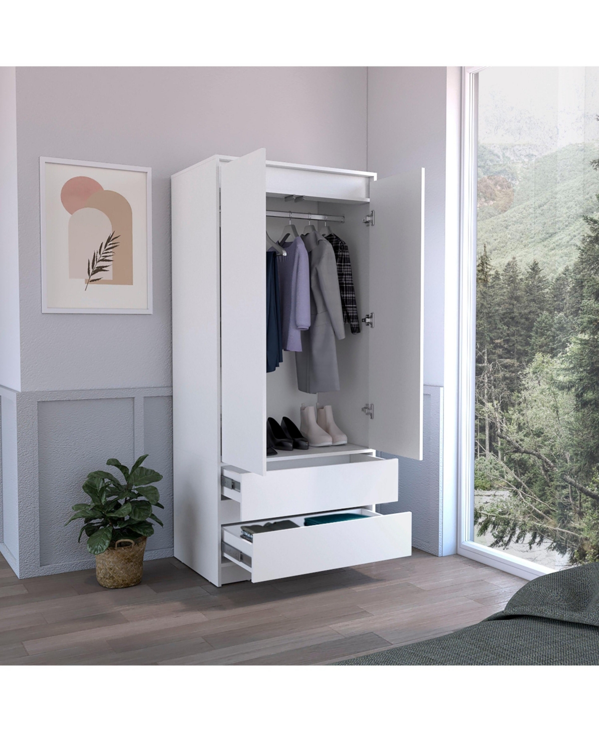 Depot E-Shop Palmer 2 Drawers Armoire, Wardrobe Closet with Hanging Rod,- White