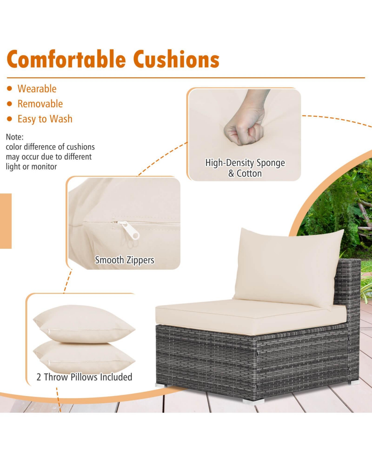 Costway 7PCS Patio Rattan Furniture Set Sectional Sofa Cushioned Garden Peacock -khaki