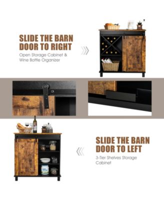 32" Barn Door, 3-Tier Shelves, Detachable Wine Rack, Industrial Style Farmhouse Sideboard Cabinet