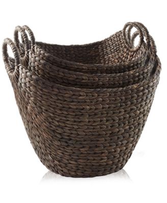 Set of 3 Boat Baskets with Handles - Espresso, Woven Water Hyacinth Storage Organizers for Blankets, Laundry, Bathroom, Bedroom, Living Room