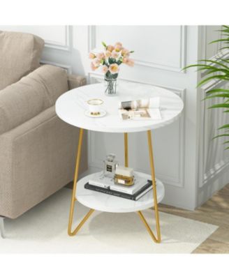 Faux Marble End Table Set of 2, 2 Tier Round Side Table with Shelves, Modern Gold Nightstand Bedside Table Small Coffee Accent Table for Living Room Bedroom, White and Gold