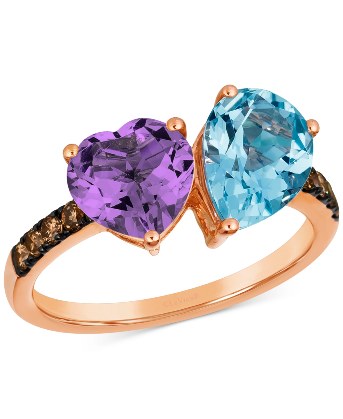 Blue Topaz (2 ct. t.w.), Amethyst (1-1/4 ct. t.w.) & Chocolate Diamond (1/5 ct. t.w.) Ring in 14k Rose Gold - Rose Gold