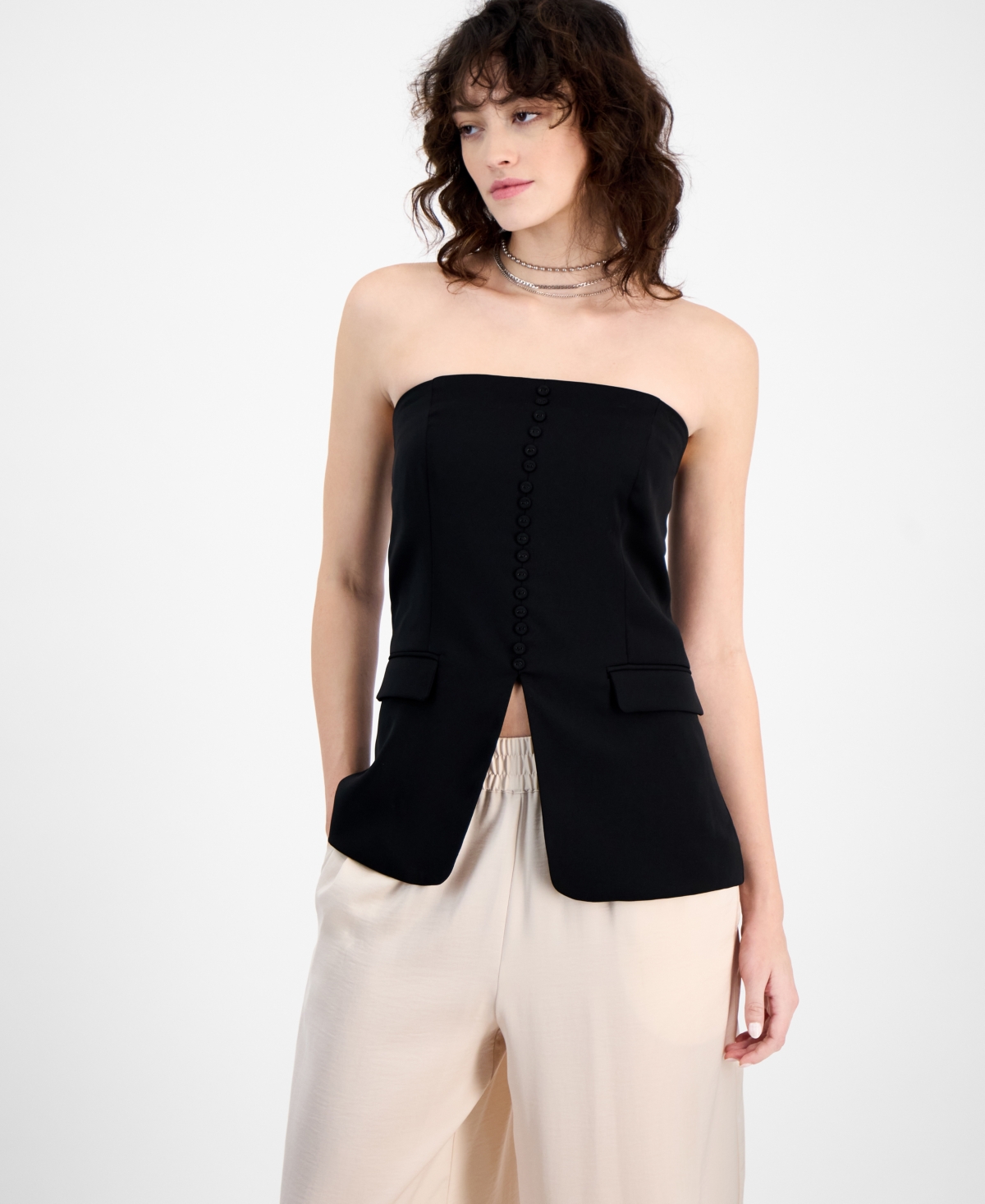 BAR III WOMEN'S STRAPLESS BUTTON-FRONT CORSET VEST TOP, EXCLUSIVELY AT MACY'S 