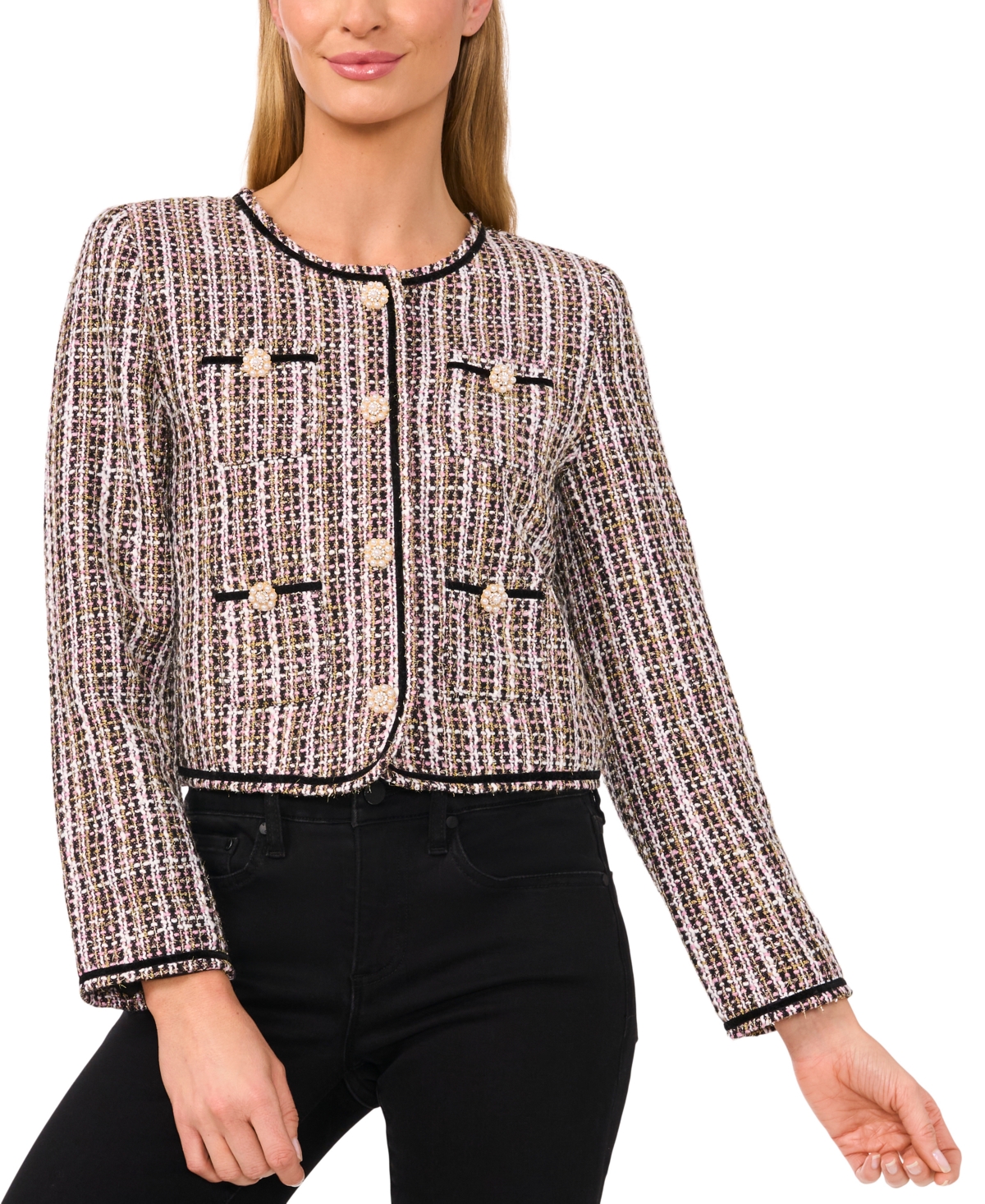 Shop Cece Women's Collarless Patch Pocket Tweed Jacket In Rich Black