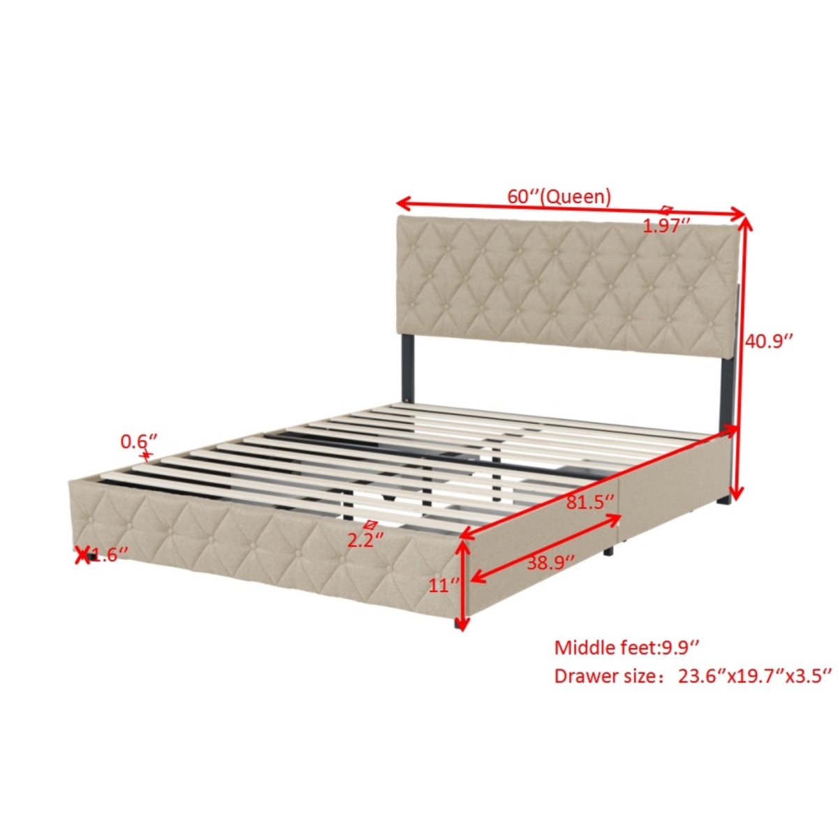 Streamdale Furniture Size Upholstered Platform Bed Frame with 4 Storage Drawers, Adjustable Linen Headboard, Wooden Slats Support, No Box Spring