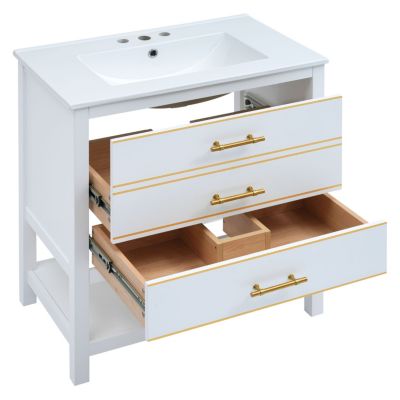 Streamdale White Bathroom Vanity with Modern Open Storage and Drawers (30 Inch)