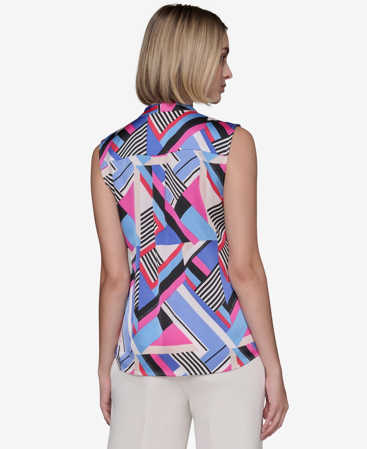 Karl Lagerfeld Paris Women's Crepe Geo-Print Tie-Neck Blouse -el