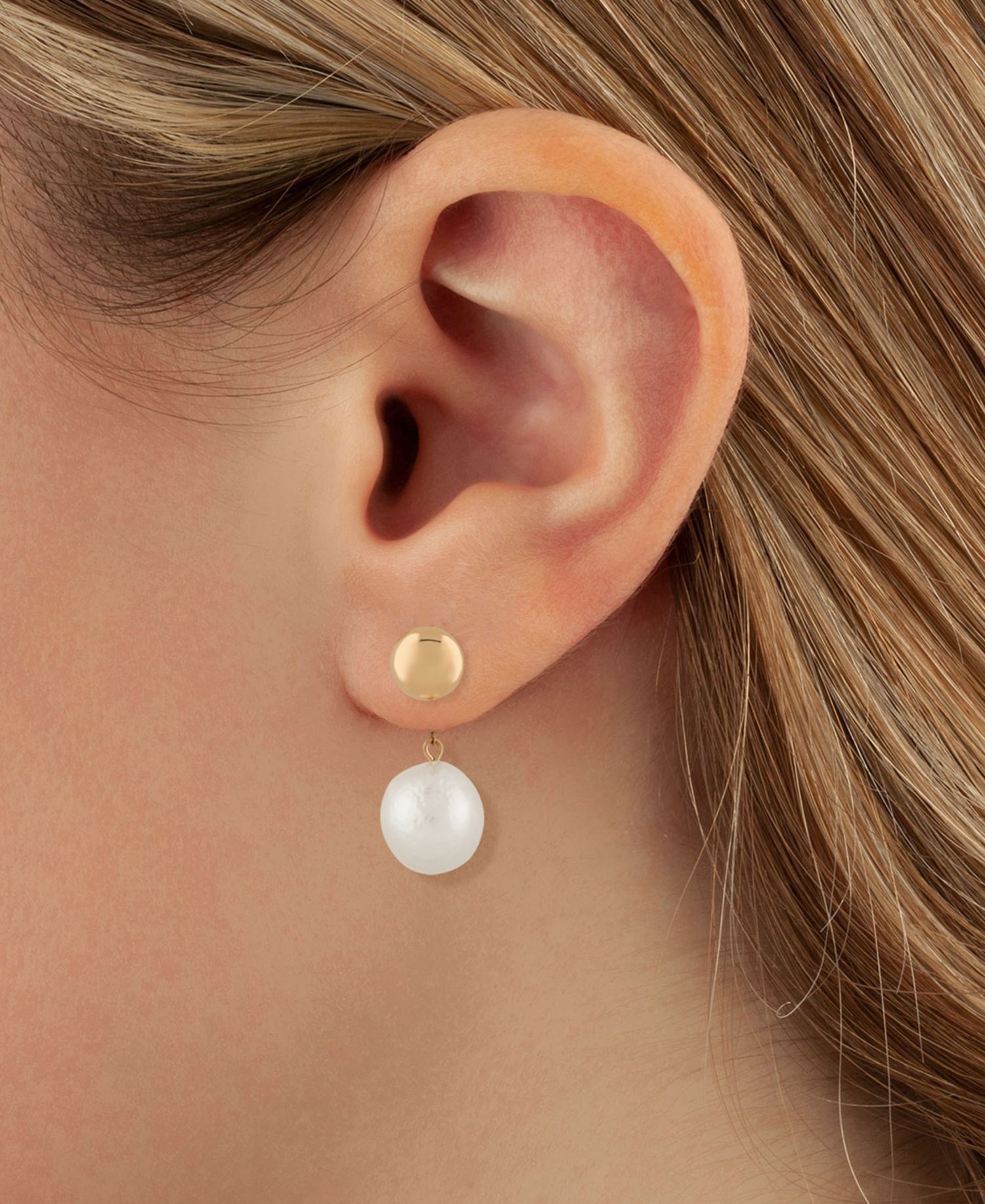 White Baroque Pearl (12mm) Flat Ball Drop Earrings in 14k Yellow Gold