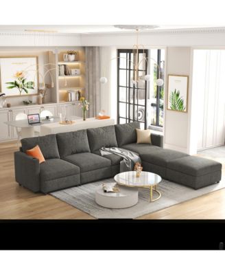 Streamdale 6-Piece Chenille & Wood Sectional Sofa – Modular Design, Storage Seats, Ottoman Options, U-Shaped Sleeper Sofa