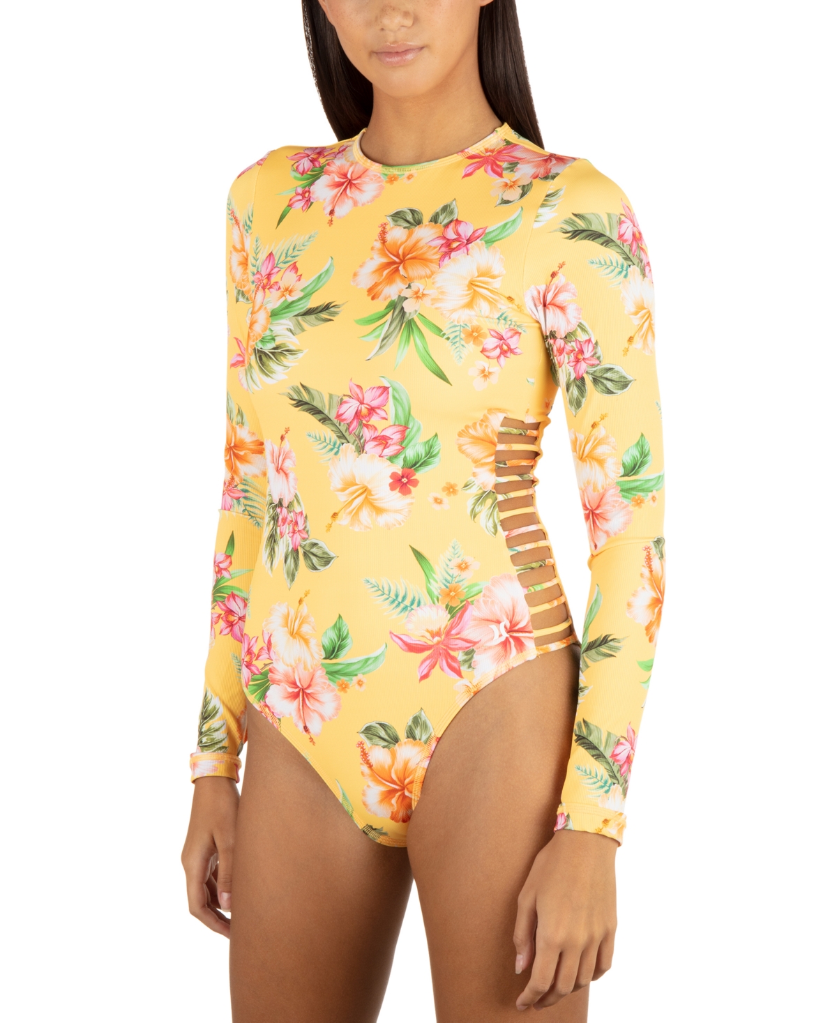 HURLEY JUNIORS' MALIA FLORAL-PRINT CUT-OUT BACK-ZIP SURF SUIT 