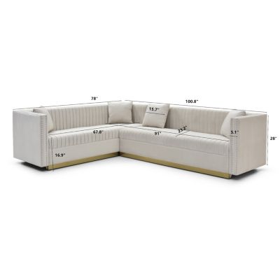 Streamdale Modern Beige Velvet Sectional Sofa with Pillows