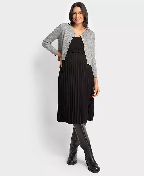 women's pleated maternity nursing dress with cardigan topper