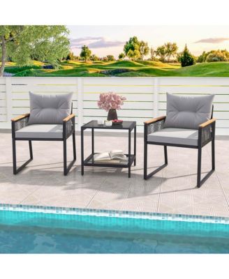 3 PCS Outdoor Conversation Set with 2-Layer Side Table Acacia Wood Armrests
