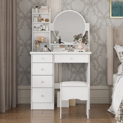 1 Pc Pink Wood 5-Drawer Vanity Set with Mirror, Stool & Storage Shelves – Dressing Table