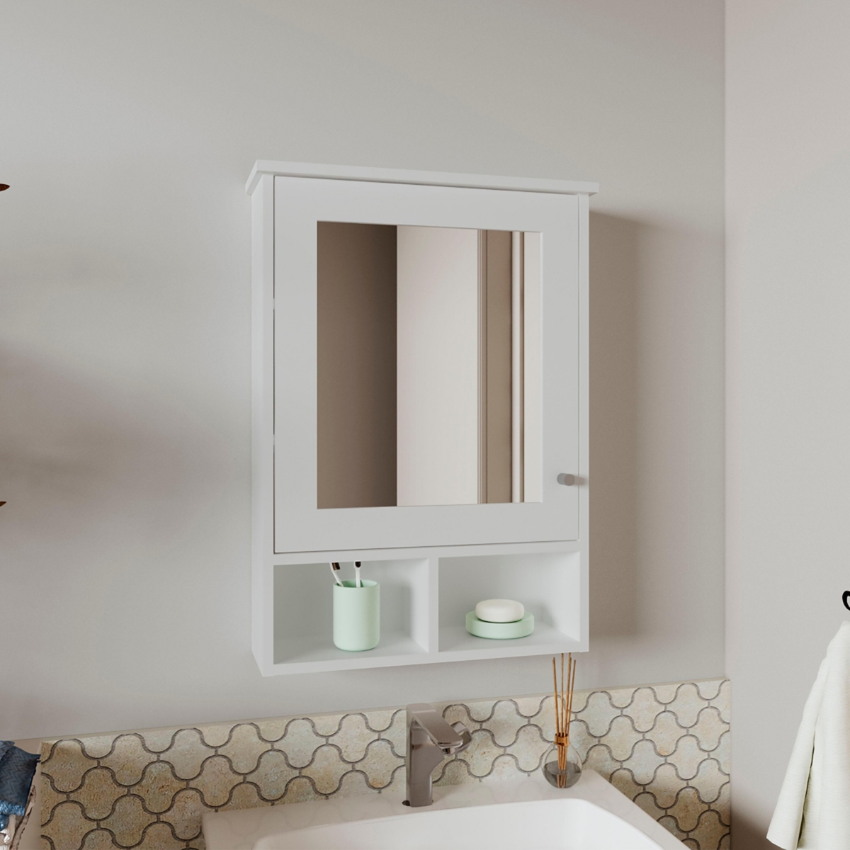 Anamoose Medicine Cabinet with 5 Shelves, 1 Door, and 1 Mirror, White - White