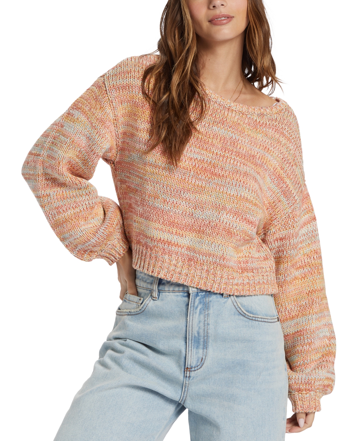 Juniors' Vivid Sun Cotton Scoop-Neck Long-Sleeve Sweater - Multi