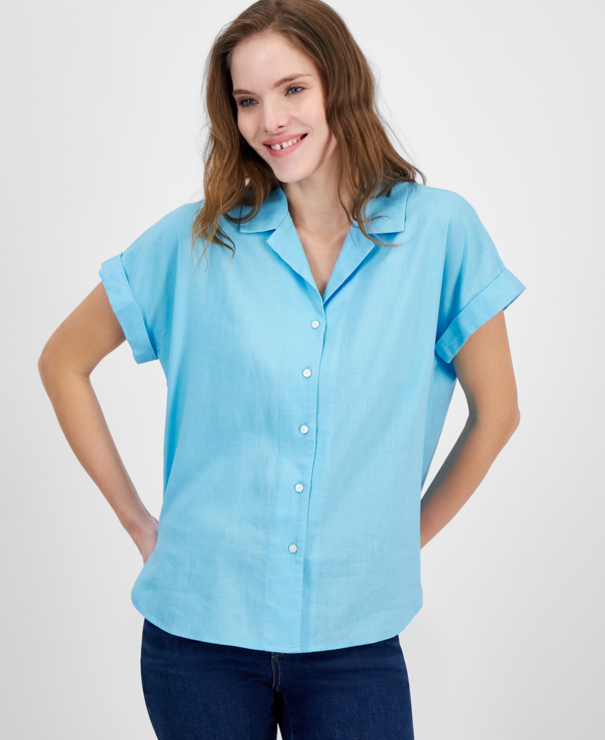 Women's Collared Button-Front Camp Shirt - Marina Blue