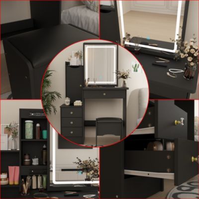 4-Drawer Vanity Set – Wood Makeup Table with LED Sliding Mirror, Stool, Cabinet & Shelves